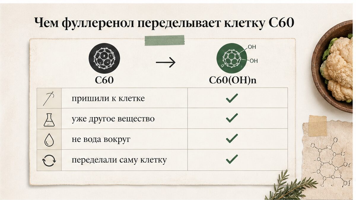 Схема: как гидроксилы переделывают клетку C60 в фуллеренол
