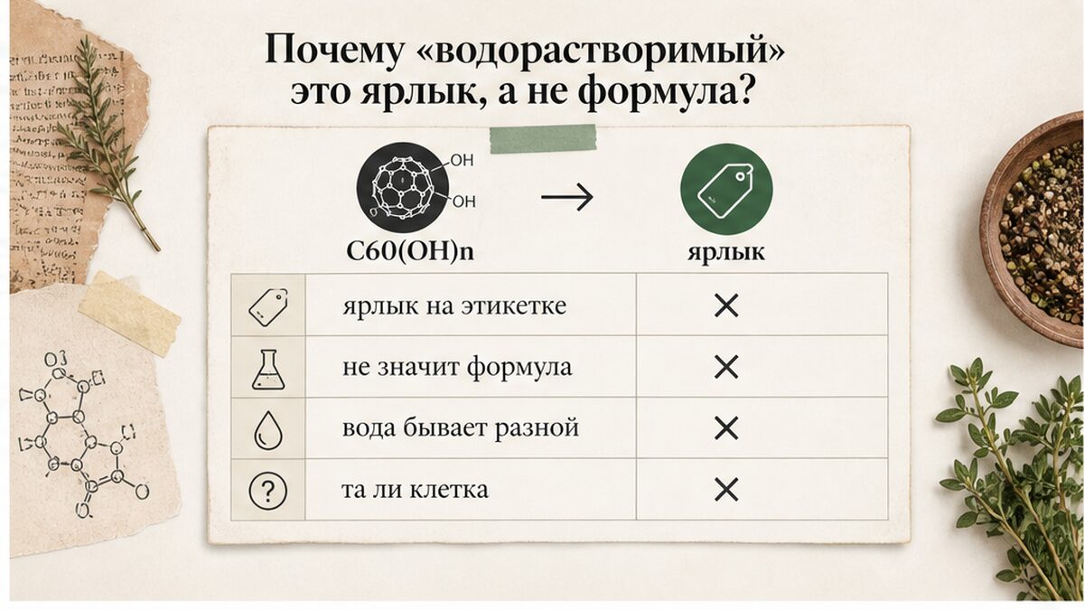 Таблица: «водорастворимый» на этикетке не равна формуле C60(OH)n