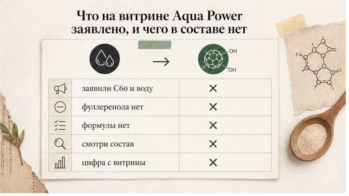 Схема витрины Aqua Power: в составе C60 и вода, фуллеренола нет