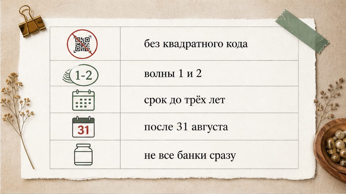 Таблица: какие немаркированные остатки БАД нельзя продавать после 31 августа