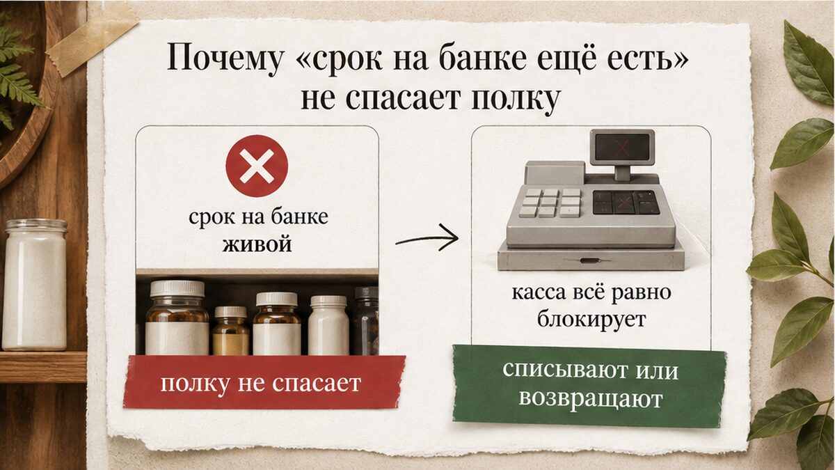 Схема: живой срок на банке не спасает полку без кода маркировки