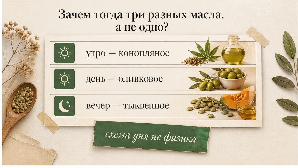 Таблица: конопляное утром, оливковое днём, тыквенное вечером