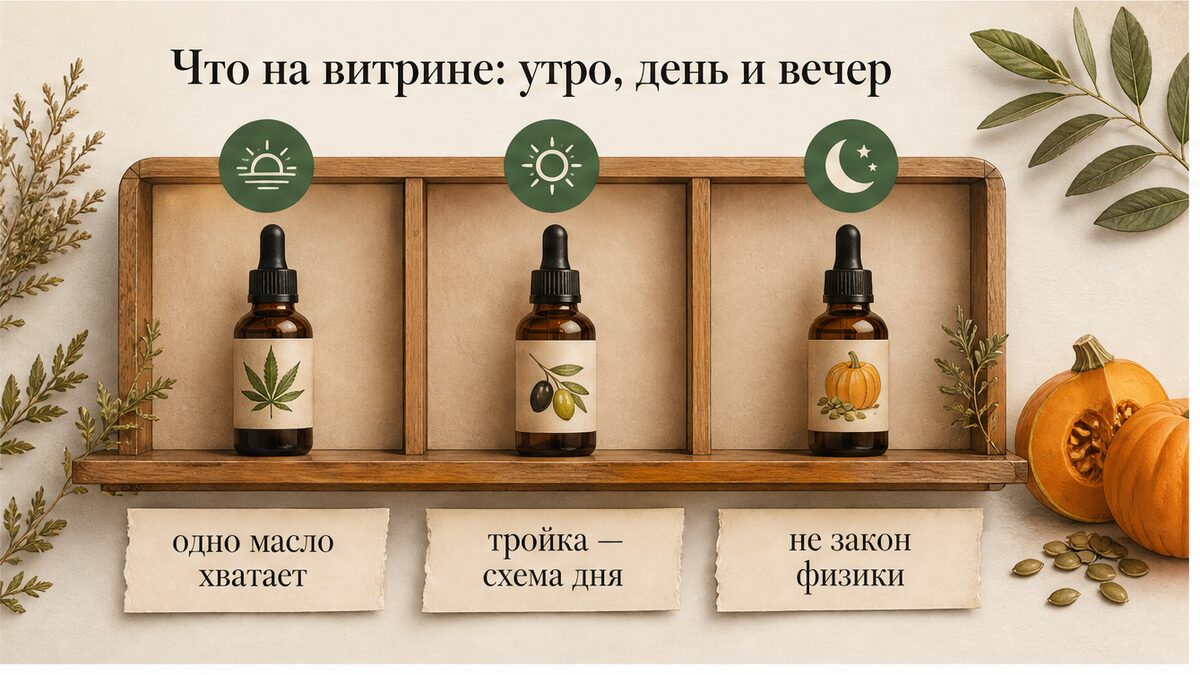 Схема витрины: три флакона как суточная линейка, не закон физики