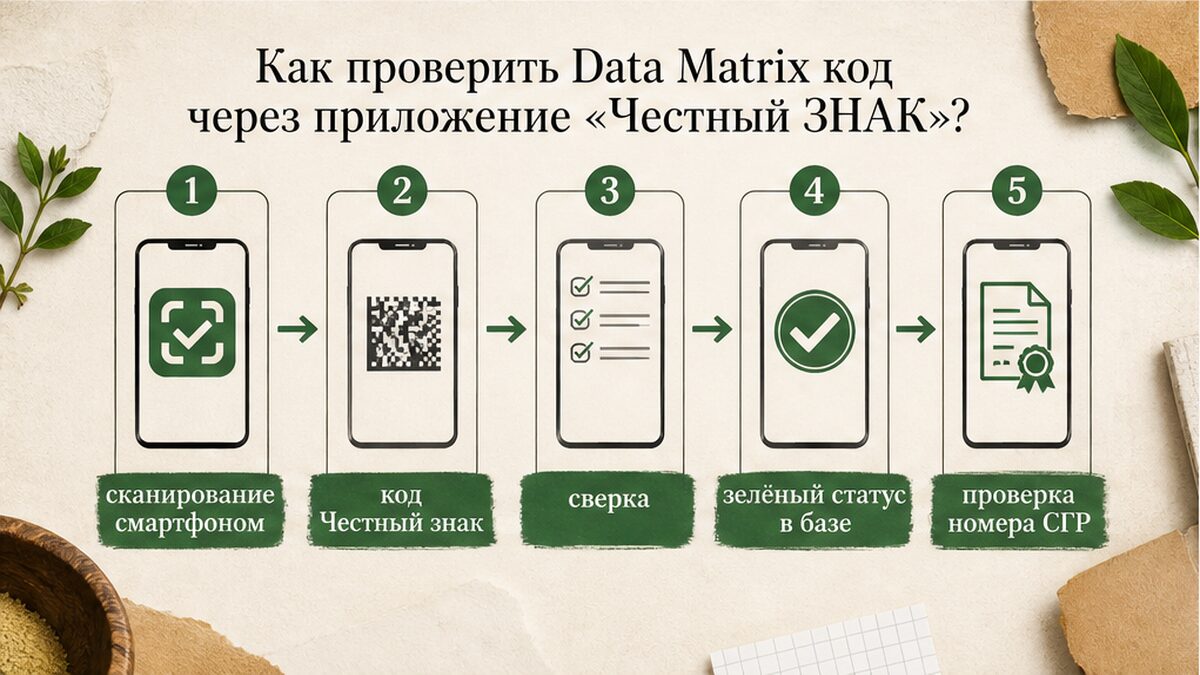 Пошаговая схема проверки кода Data Matrix через приложение «Честный ЗНАК»