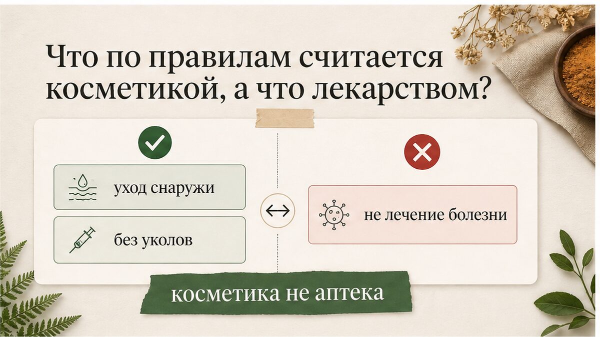 Сравнение: косметика — наружный уход, лекарство — лечение болезни