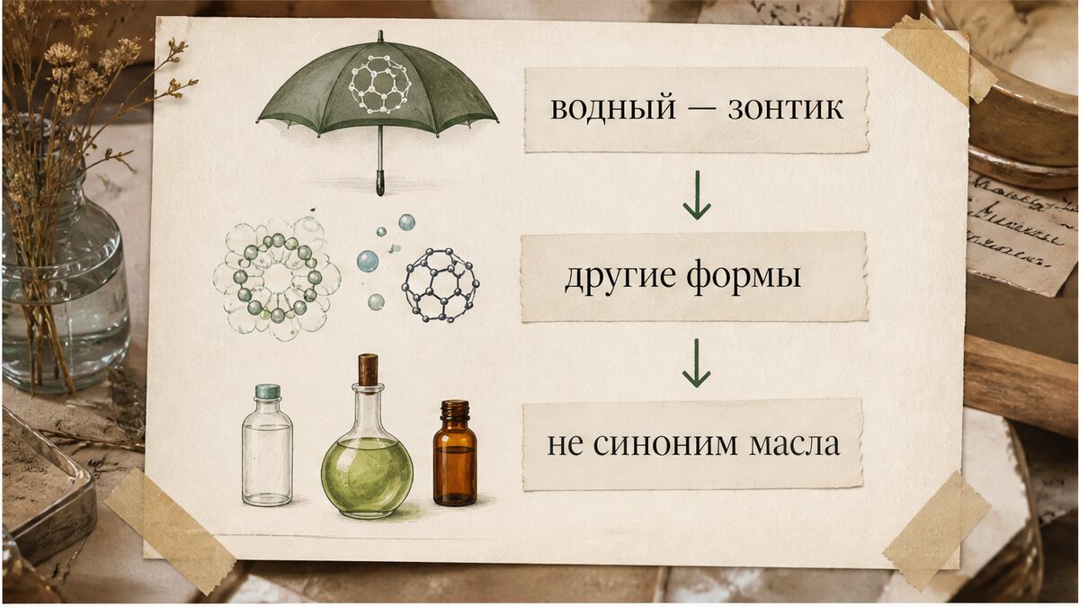 Схема: водный фуллерен — зонтик форм, не синоним масляного C60