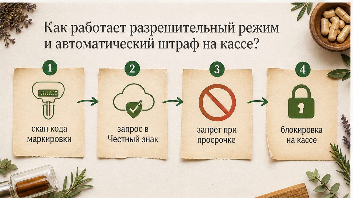 Схема: как касса проверяет маркировку и блокирует продажу просроченного БАД