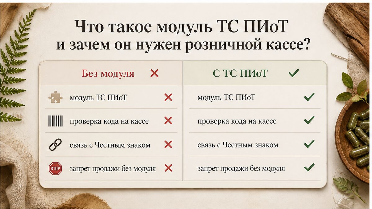 Сравнение: касса без модуля ТС ПИоТ и с подключённым модулем маркировки