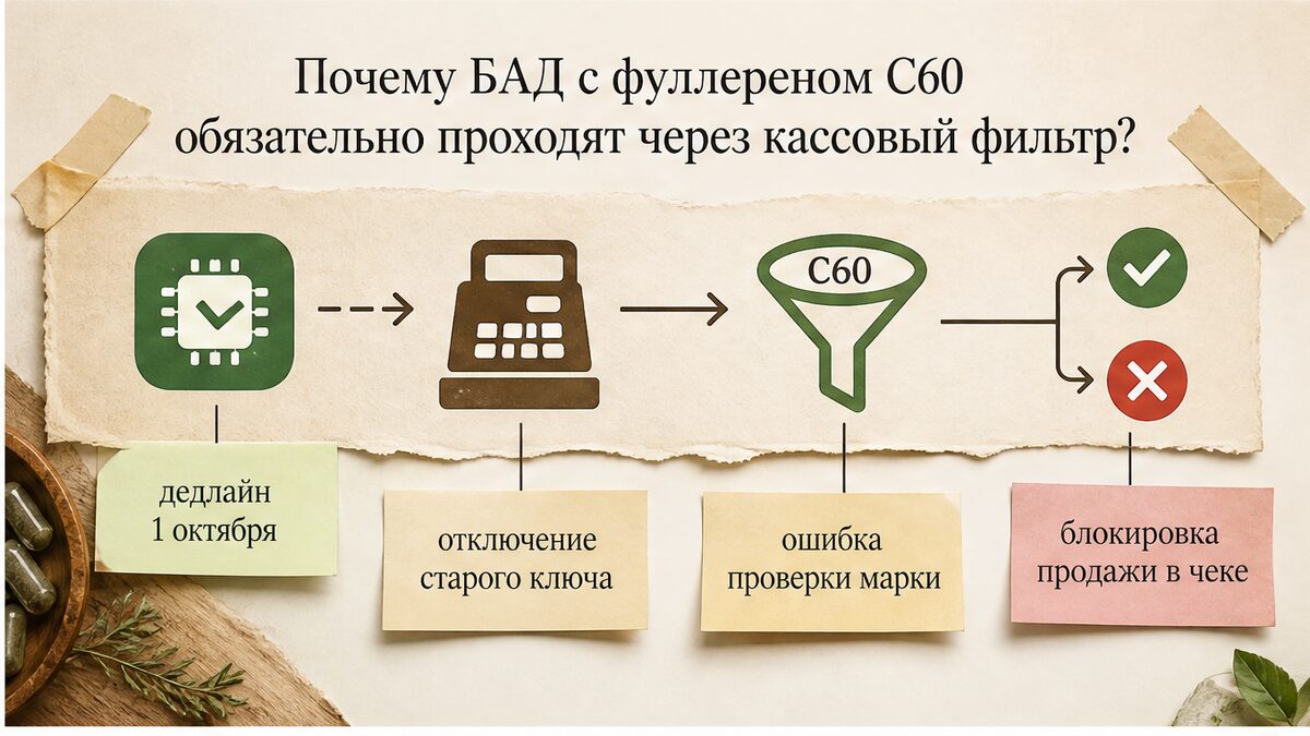 Схема: как маркированный БАД с C60 проходит проверку на кассе