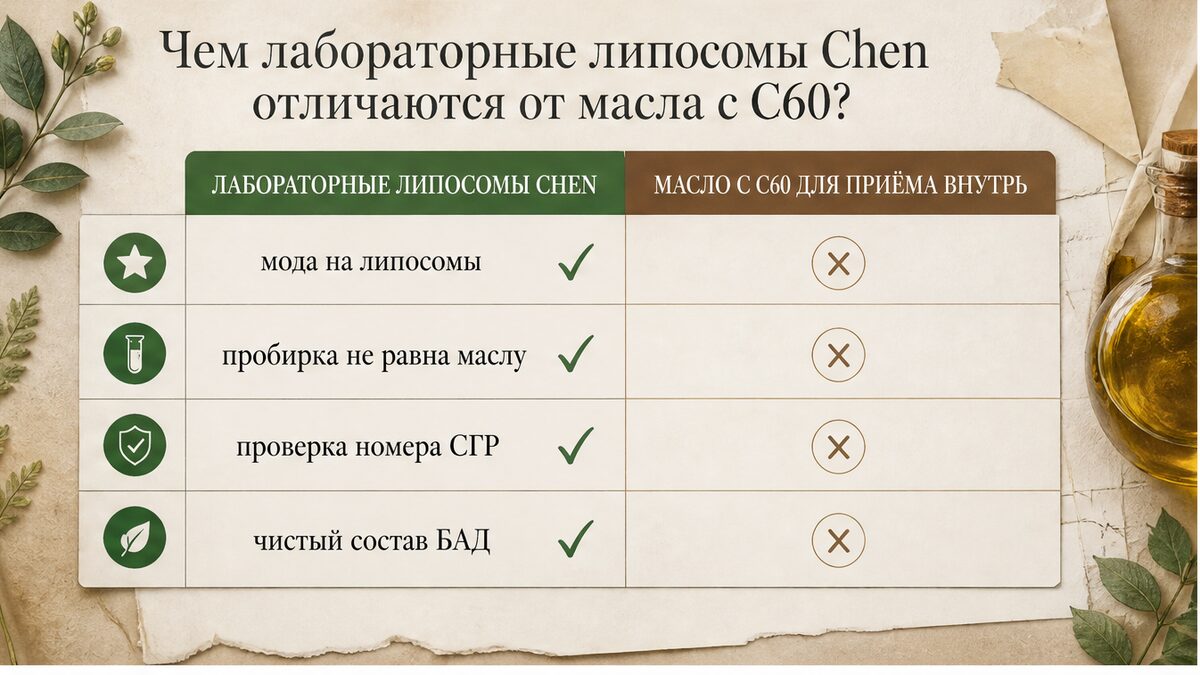 Сравнение лабораторных липосом Chen и масла с C60 в добавках