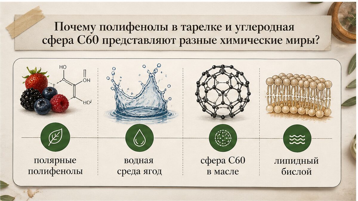 Сравнение химических миров полифенолов в еде и углеродной сферы C60 в масле