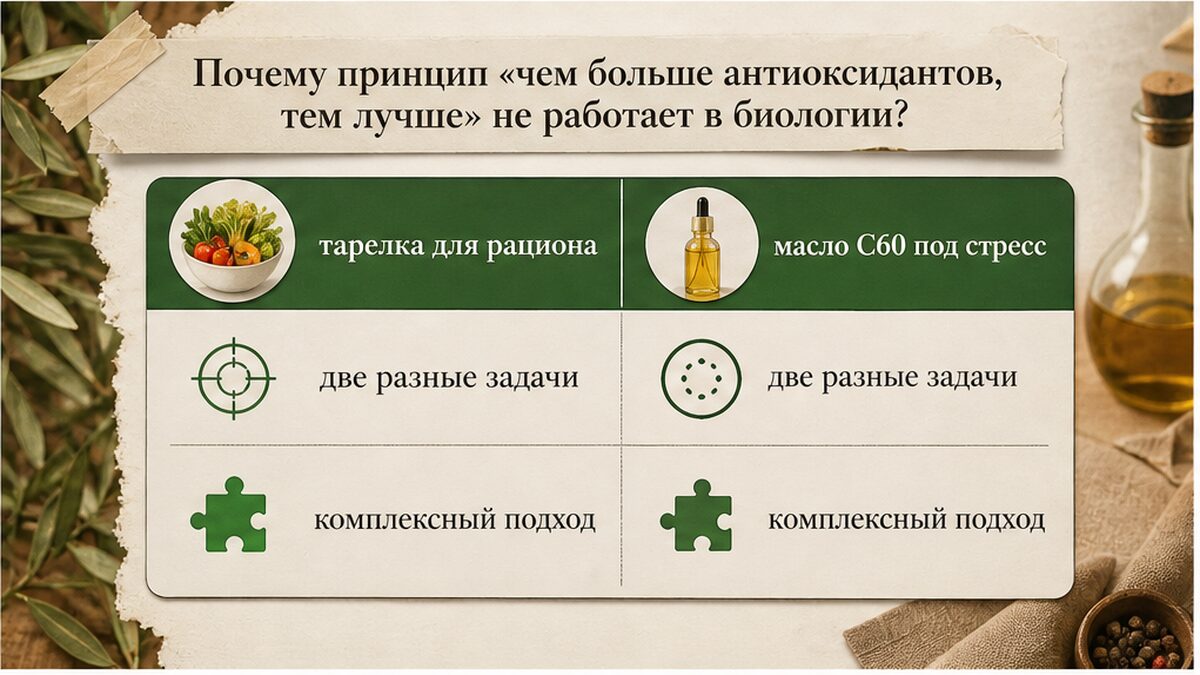 Таблица: почему доза антиоксидантов из еды и C60 решают разные задачи