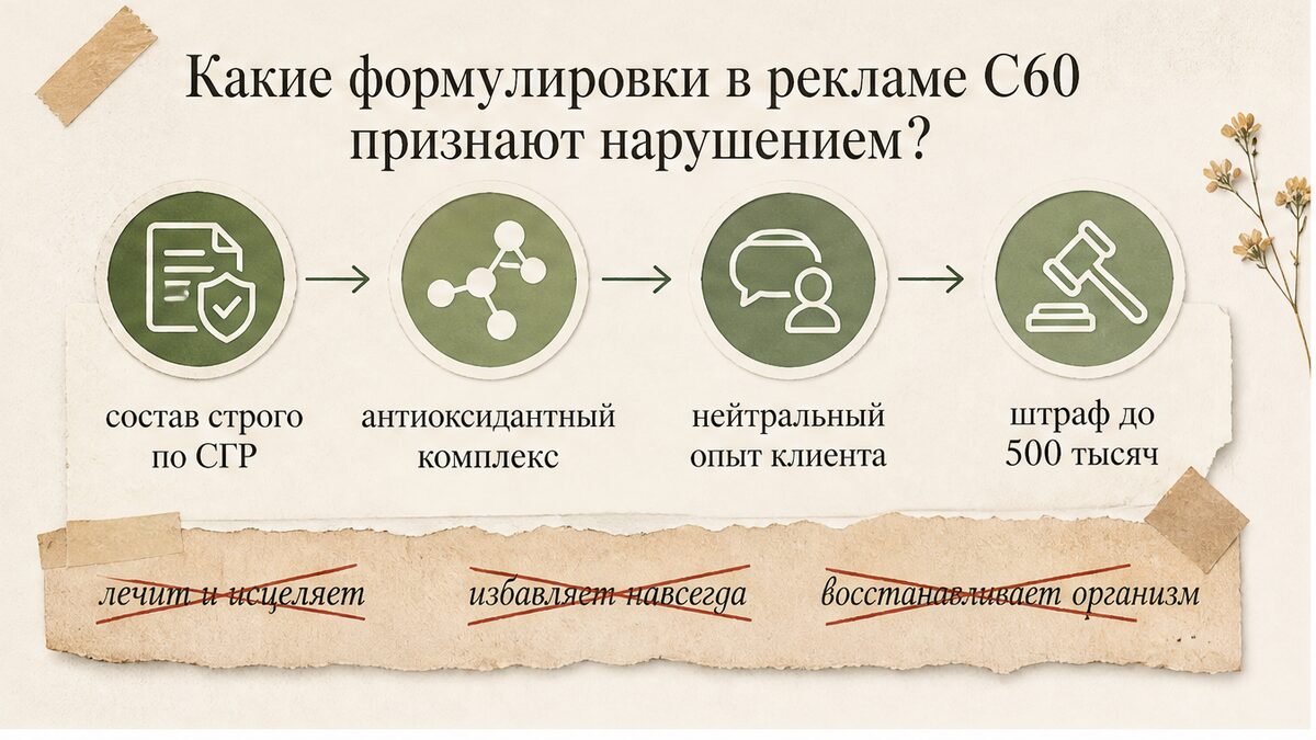 Схема: безопасные формулировки и риск штрафа за нарушения в рекламе C60