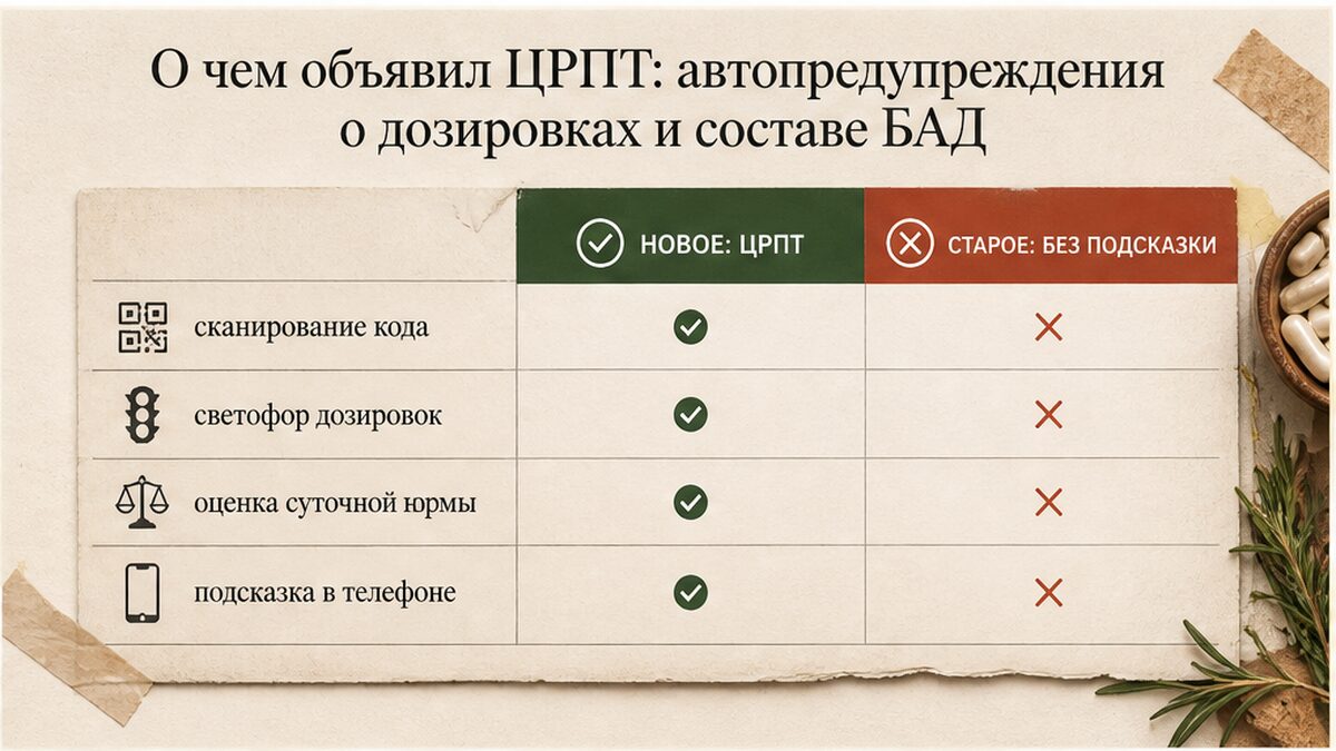 Сравнение: автопредупреждения ЦРПТ о дозировках и составе БАД