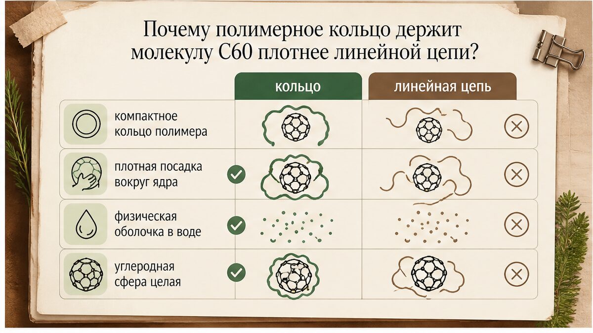 Схема: почему полимерное кольцо плотнее держит C60, чем линейная цепь