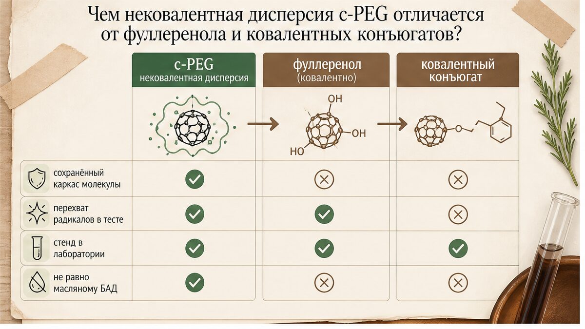 Сравнение: нековалентная c-PEG, фуллеренол и ковалентные конъюгаты