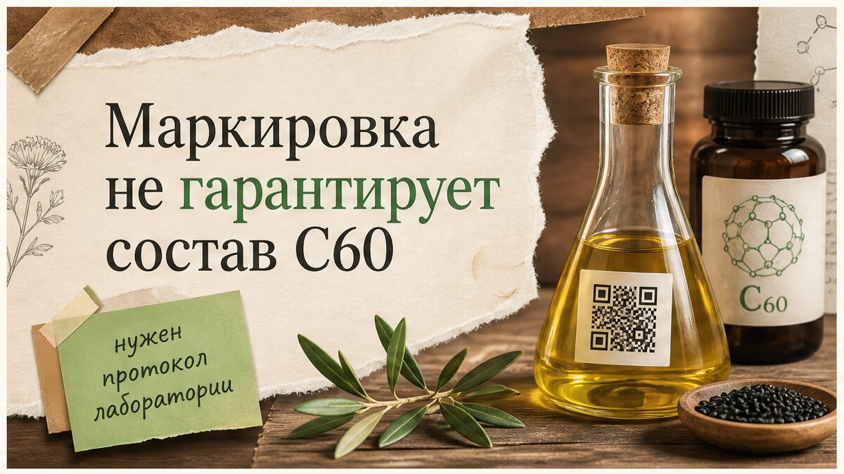 Иллюстрация: маркировка флакона не заменяет лабораторный анализ фуллерена C60