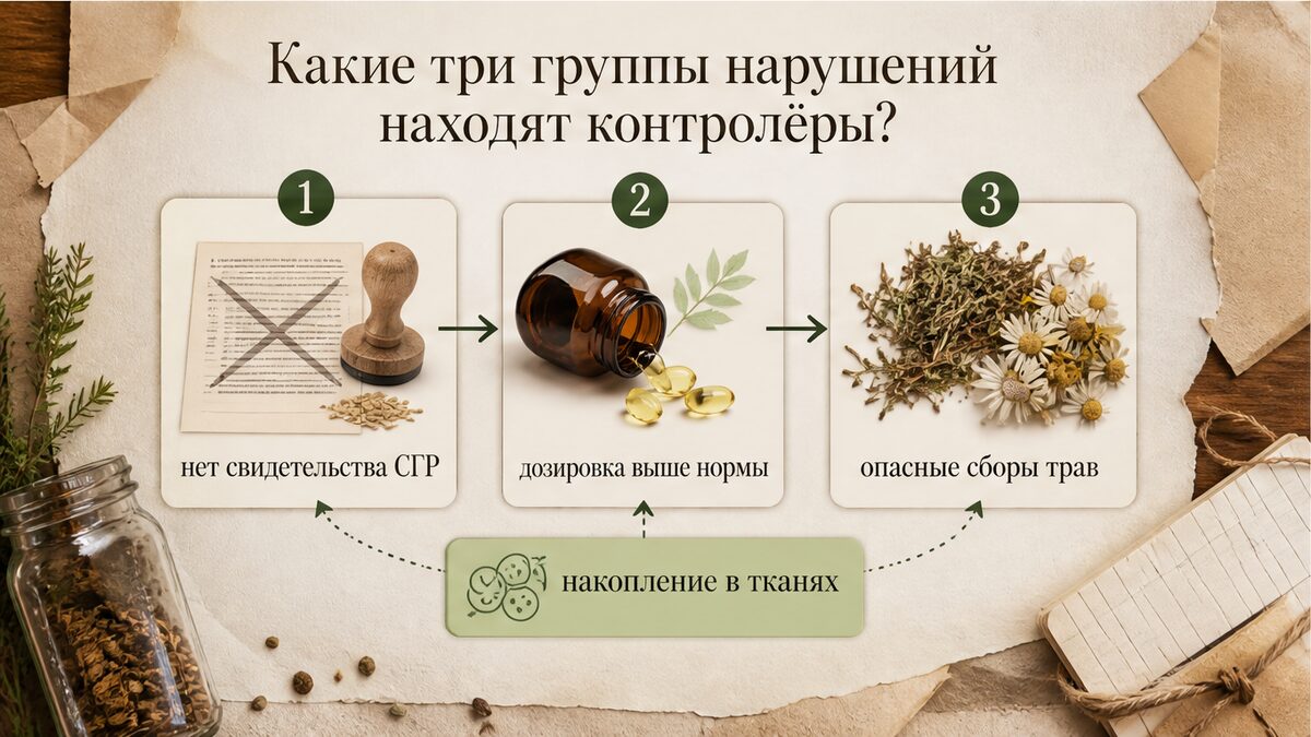 Схема: три группы нарушений при проверке биодобавок