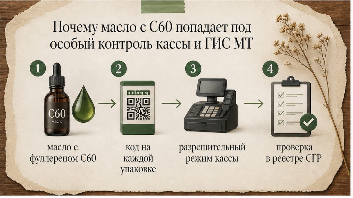 Схема: масло с C60, маркировка, касса и проверка в реестре СГР
